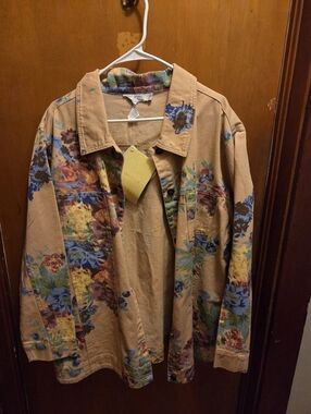 Susan Graver Floral Jean Jacket in Tan with Multicolor Blooms